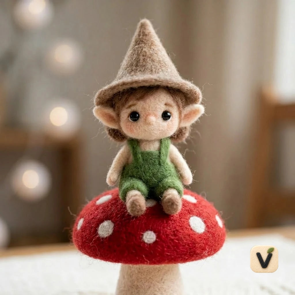 Handmade Wool Felt Forest Elf on Spotted Mushroom Figurine – Nature Themed Desktop Ornament