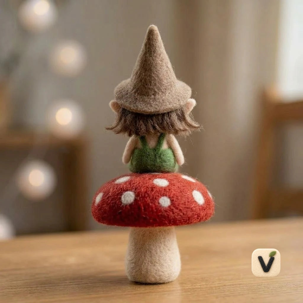 Handmade Wool Felt Forest Elf on Spotted Mushroom Figurine – Nature Themed Desktop Ornament