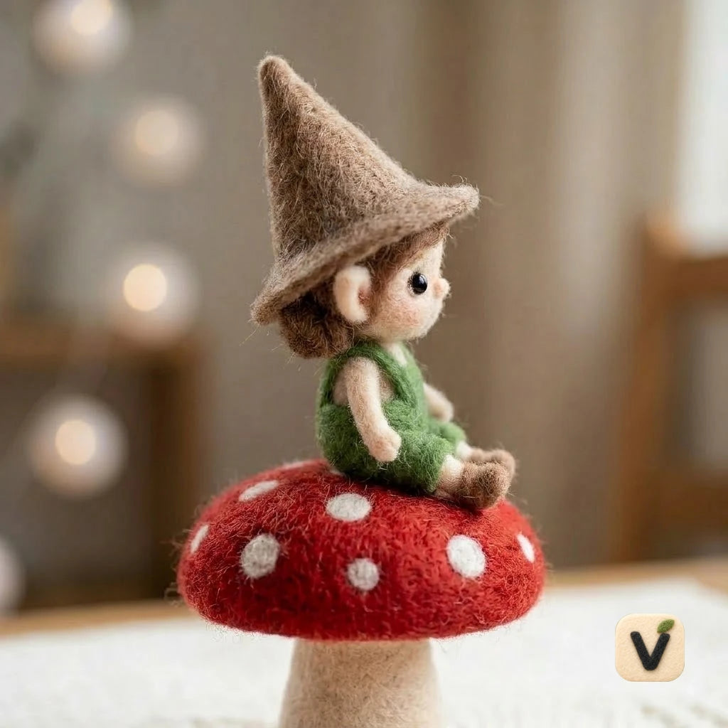 Handmade Wool Felt Forest Elf on Spotted Mushroom Figurine – Nature Themed Desktop Ornament