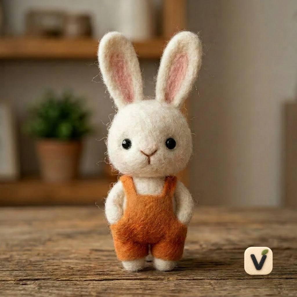 Handmade Wool Felt Standing White Bunny with Orange Overalls – Warm Countryside Desktop Decor Ornament