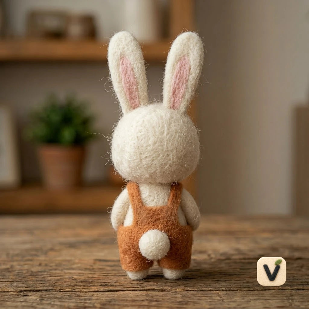 Handmade Wool Felt Standing White Bunny with Orange Overalls – Warm Countryside Desktop Decor Ornament