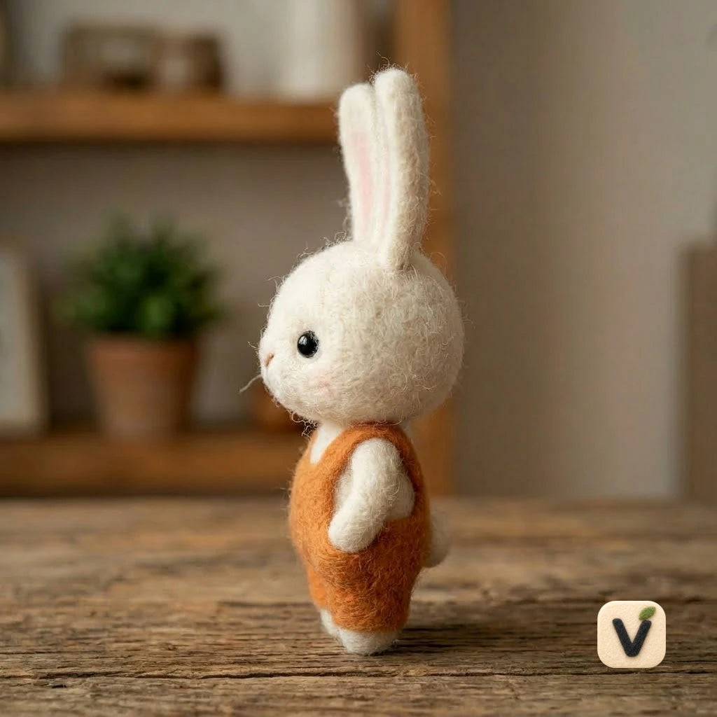 Handmade Wool Felt Standing White Bunny with Orange Overalls – Warm Countryside Desktop Decor Ornament