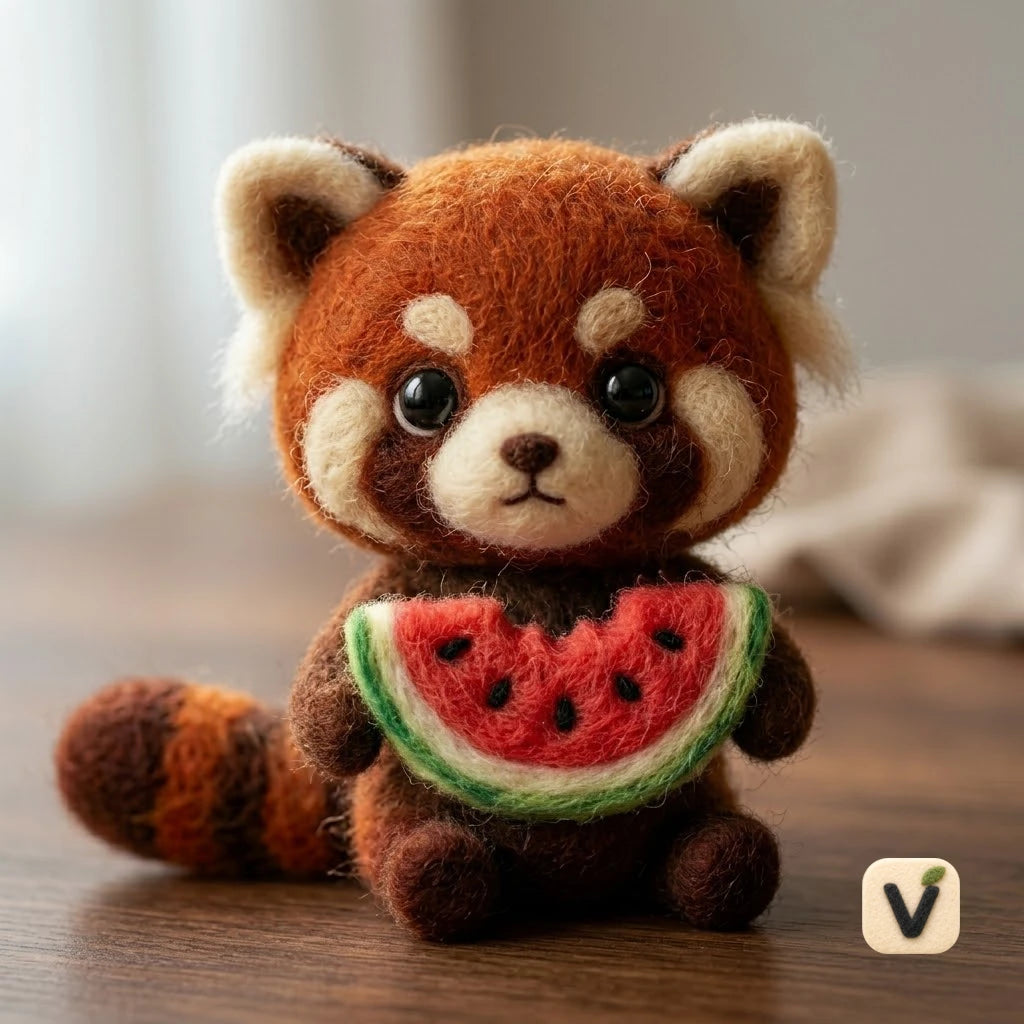 Handmade Wool Felt Sitting Red Panda Holding Watermelon Slice – Cute Summer Desktop Ornament
