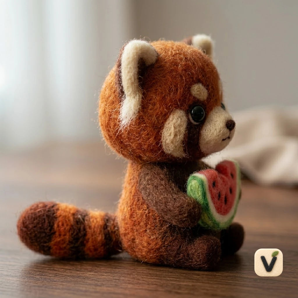 Handmade Wool Felt Sitting Red Panda Holding Watermelon Slice – Cute Summer Desktop Ornament