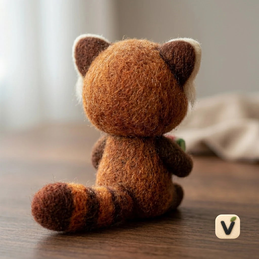 Handmade Wool Felt Sitting Red Panda Holding Watermelon Slice – Cute Summer Desktop Ornament