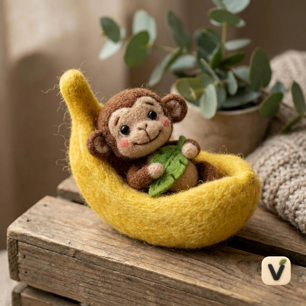 Handmade Wool Felt Little Monkey Lying in Banana Boat with Green Leaf – Cute Jungle Desktop Ornament