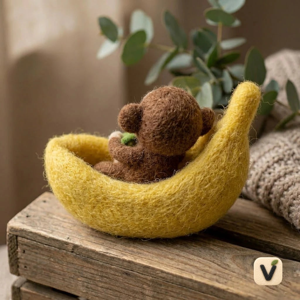 Handmade Wool Felt Little Monkey Lying in Banana Boat with Green Leaf – Cute Jungle Desktop Ornament