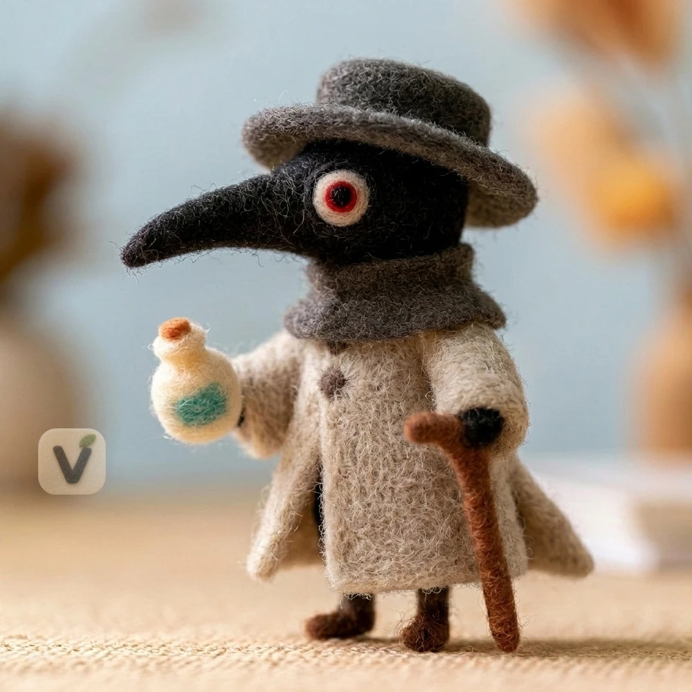 Handmade Wool Felt Plague Doctor with Hat, Trench Coat, Potion Bottle and Cane – Retro Gothic Desktop Ornament