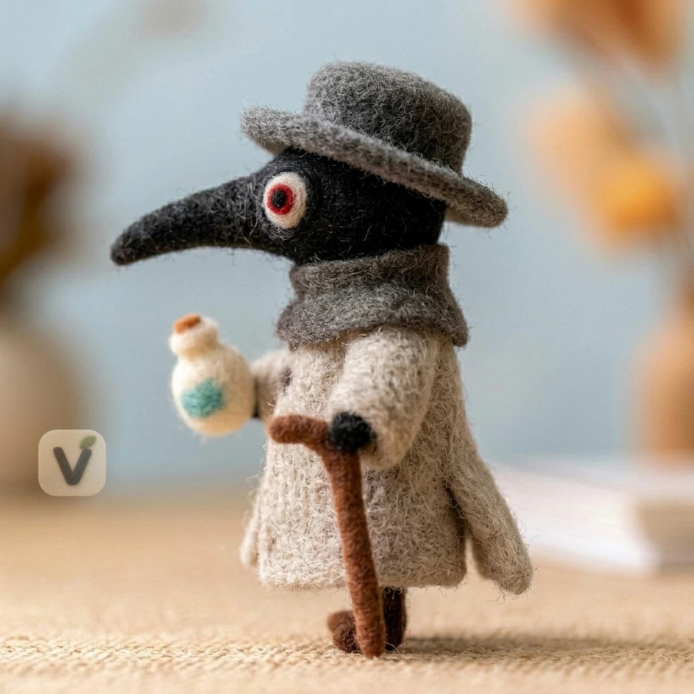 Handmade Wool Felt Plague Doctor with Hat, Trench Coat, Potion Bottle and Cane – Retro Gothic Desktop Ornament