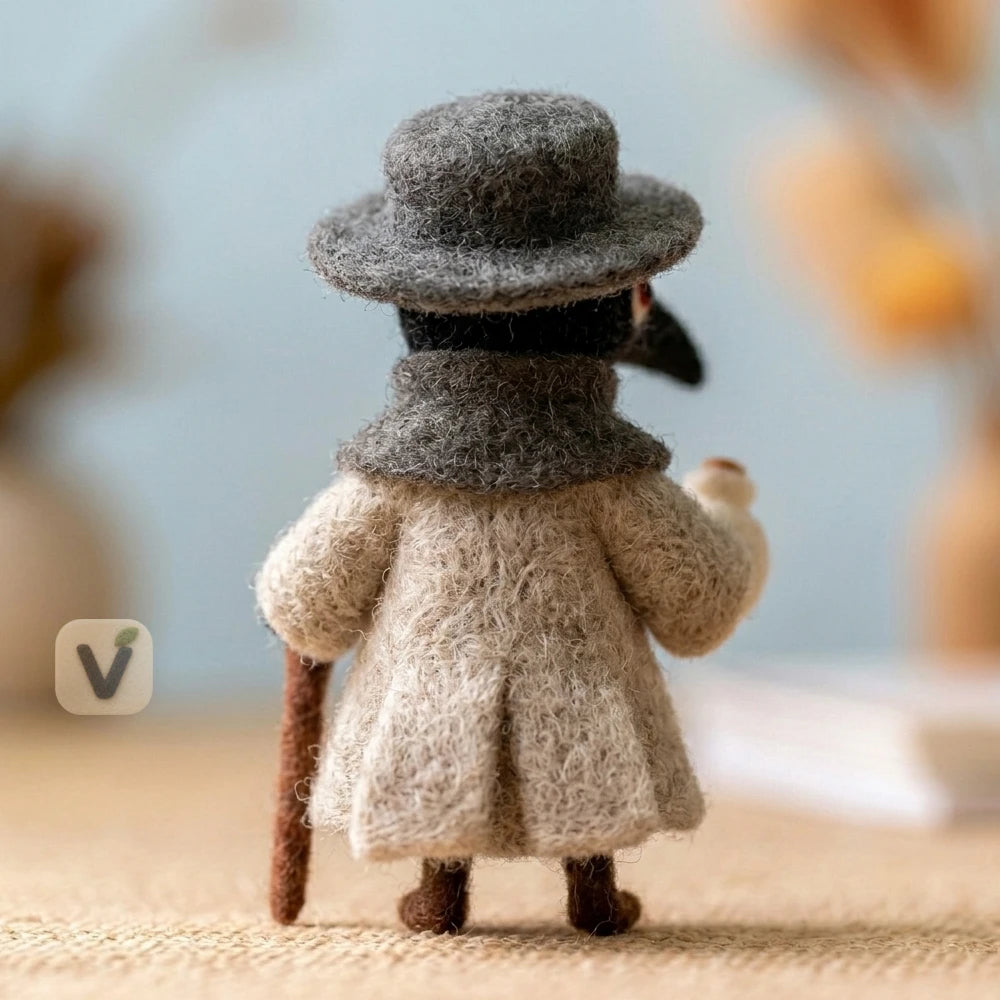 Handmade Wool Felt Plague Doctor with Hat, Trench Coat, Potion Bottle and Cane – Retro Gothic Desktop Ornament
