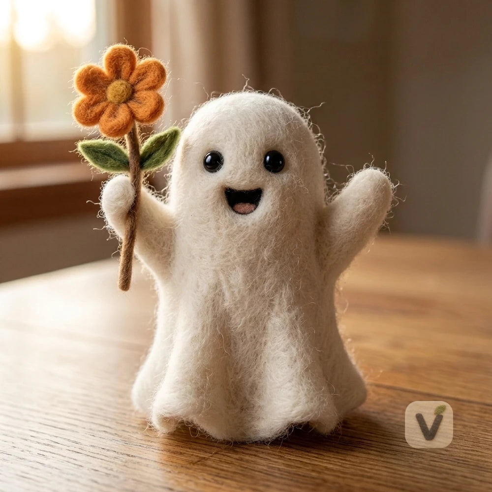 Handmade Wool Felt Cute White Ghost Holding Orange Flower – Warm Halloween Desktop Ornament