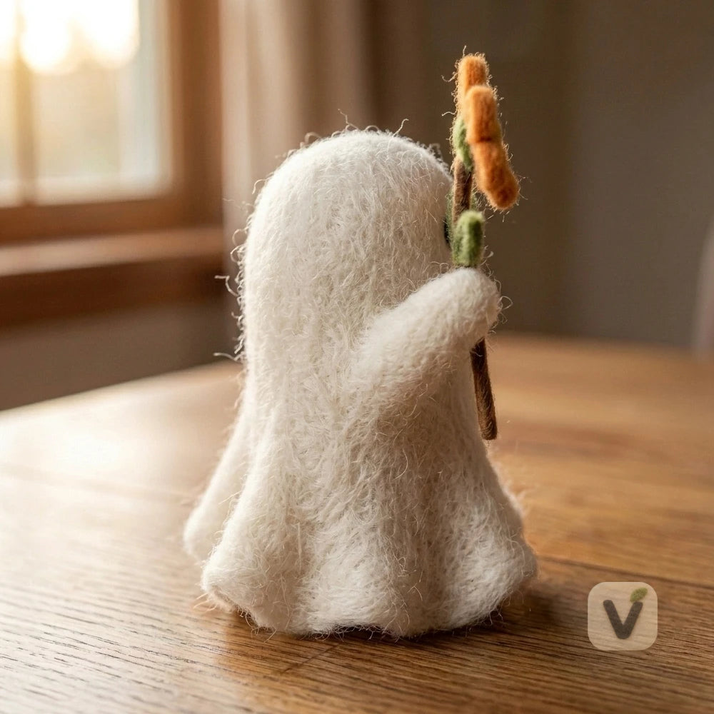 Handmade Wool Felt Cute White Ghost Holding Orange Flower – Warm Halloween Desktop Ornament