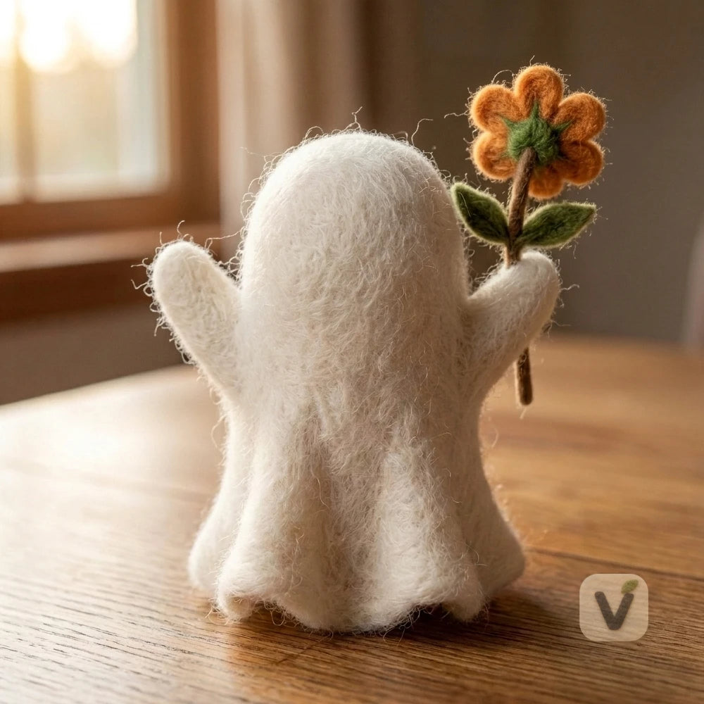 Handmade Wool Felt Cute White Ghost Holding Orange Flower – Warm Halloween Desktop Ornament