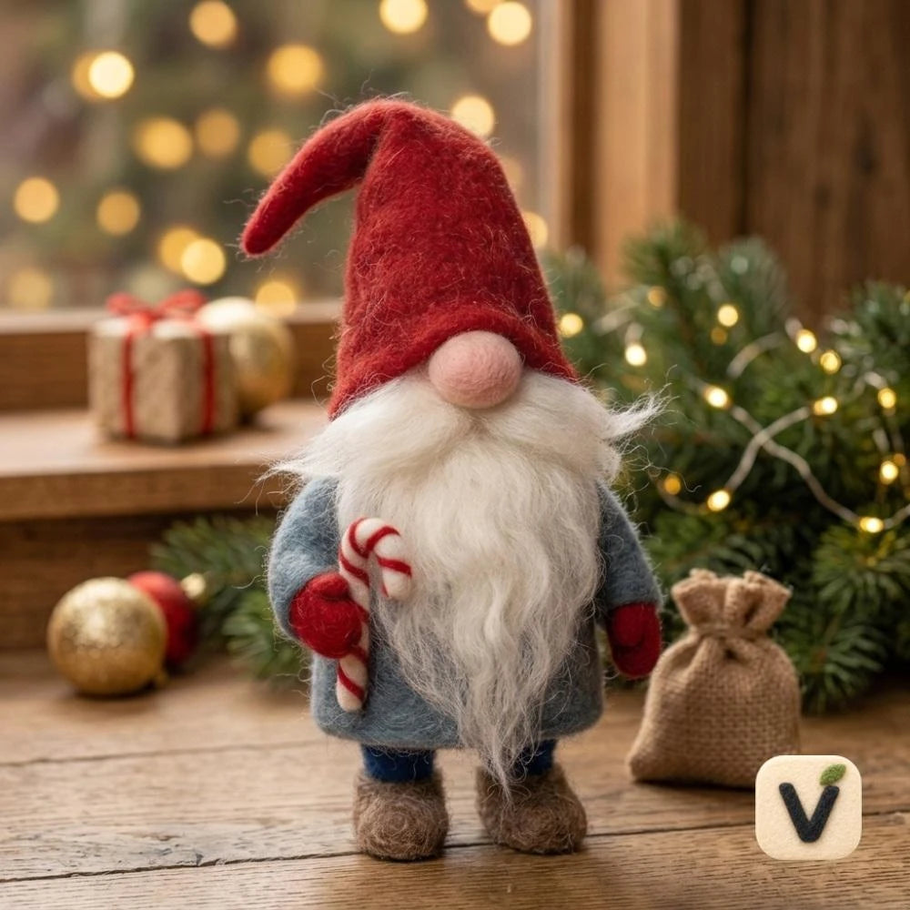 Handmade Wool Felt Christmas Gnome Figurine with Candy Cane – Holiday Desktop Ornament