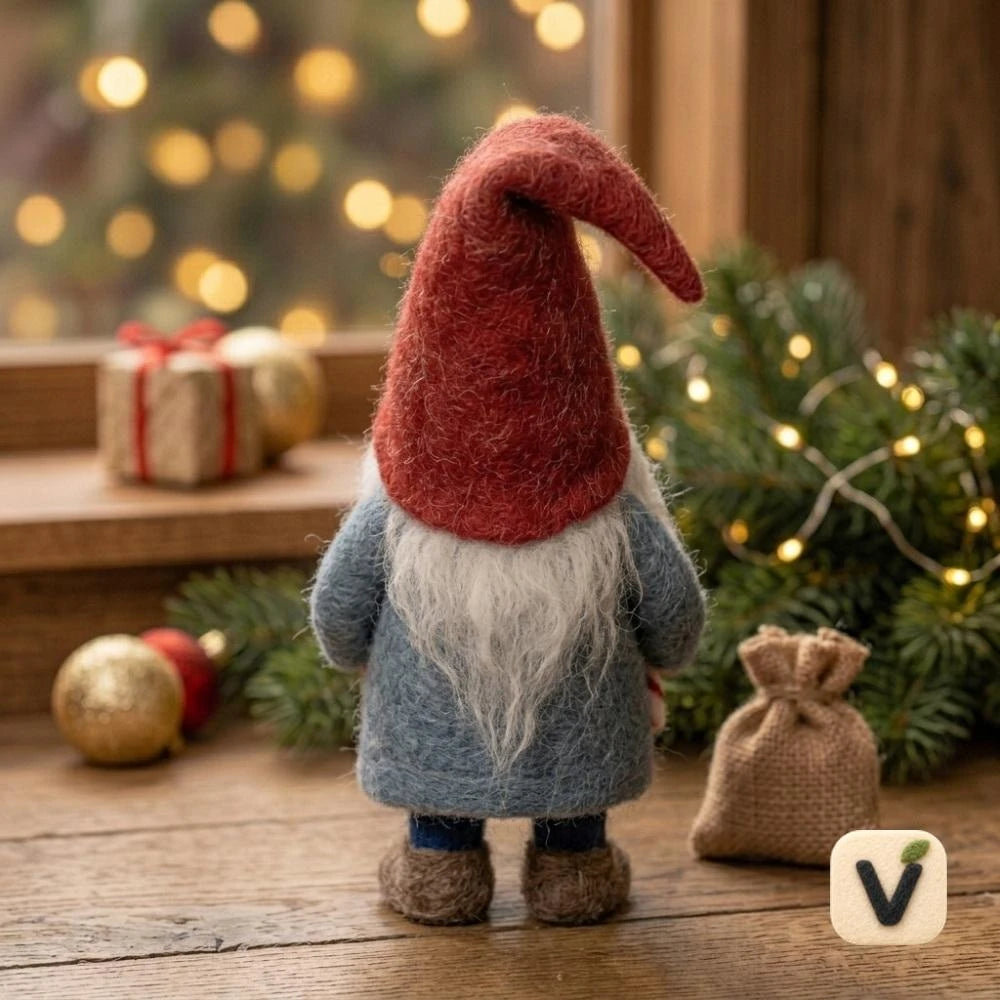Handmade Wool Felt Christmas Gnome Figurine with Candy Cane – Holiday Desktop Ornament