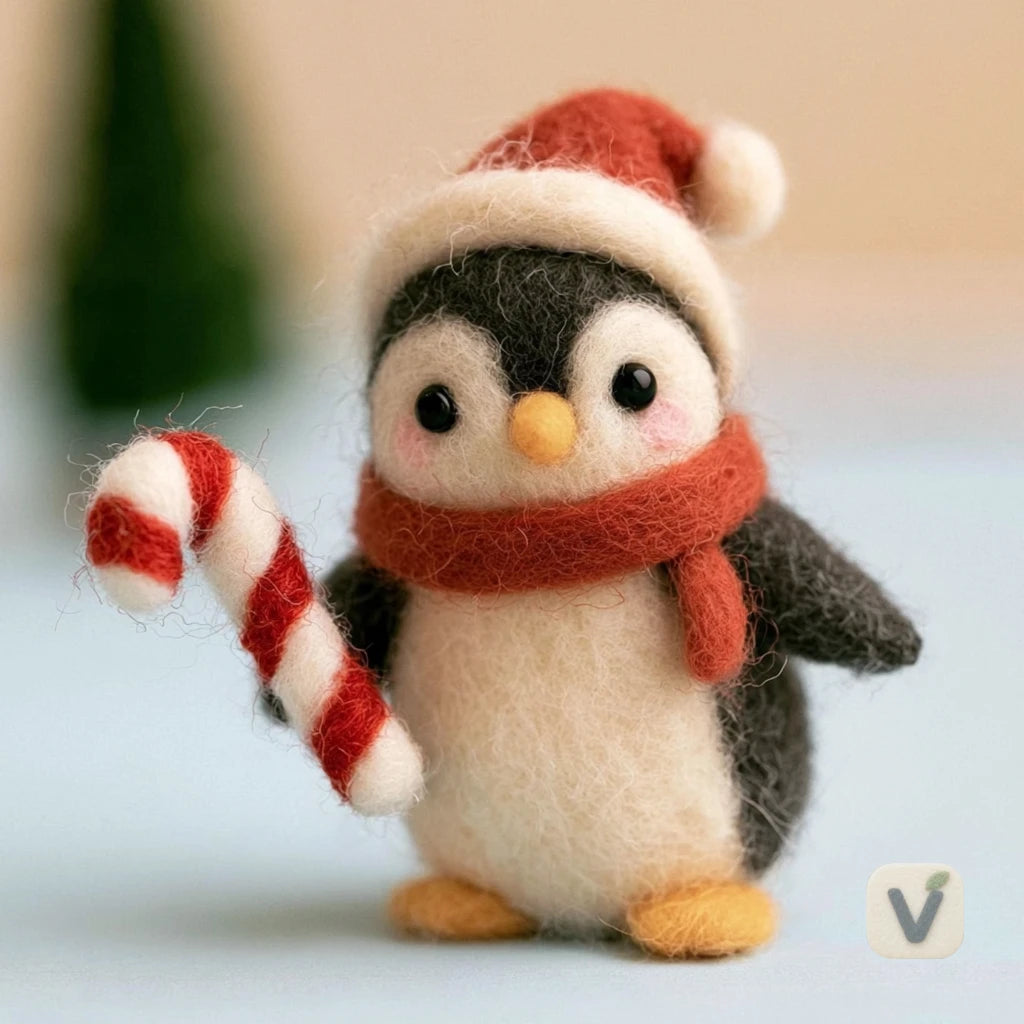 Handmade Wool Felt Christmas Penguin with Santa Hat, Scarf and Candy Cane – Holiday Winter Desktop Ornament