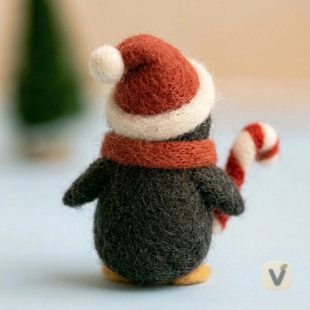 Handmade Wool Felt Christmas Penguin with Santa Hat, Scarf and Candy Cane – Holiday Winter Desktop Ornament