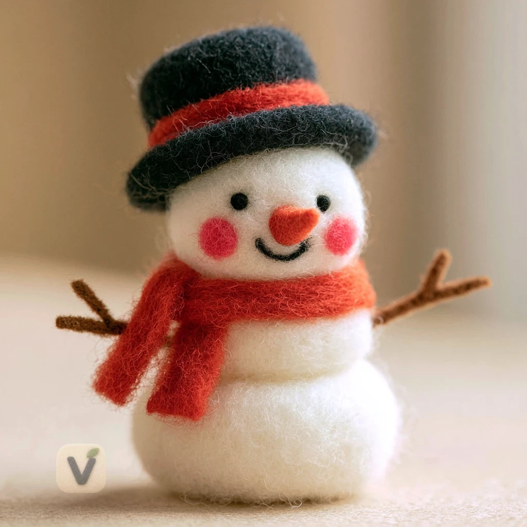 Handmade Wool Felt Cute Snowman with Top Hat and Red Scarf – Winter Christmas Desktop Ornament