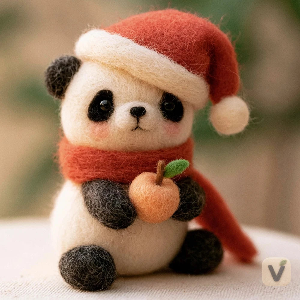 Handmade Wool Felt Christmas Panda with Santa Hat, Scarf and Apple – Cute Winter Holiday Desktop Ornament
