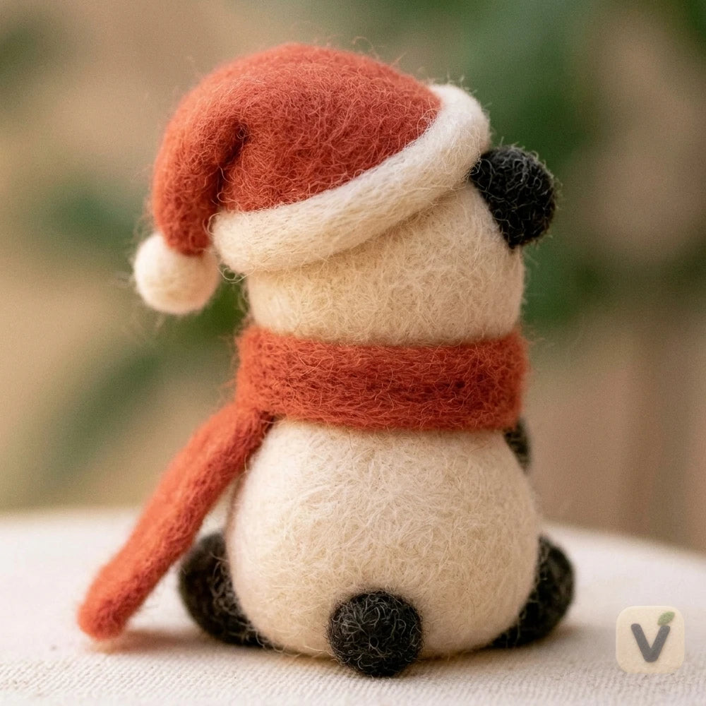 Handmade Wool Felt Christmas Panda with Santa Hat, Scarf and Apple – Cute Winter Holiday Desktop Ornament