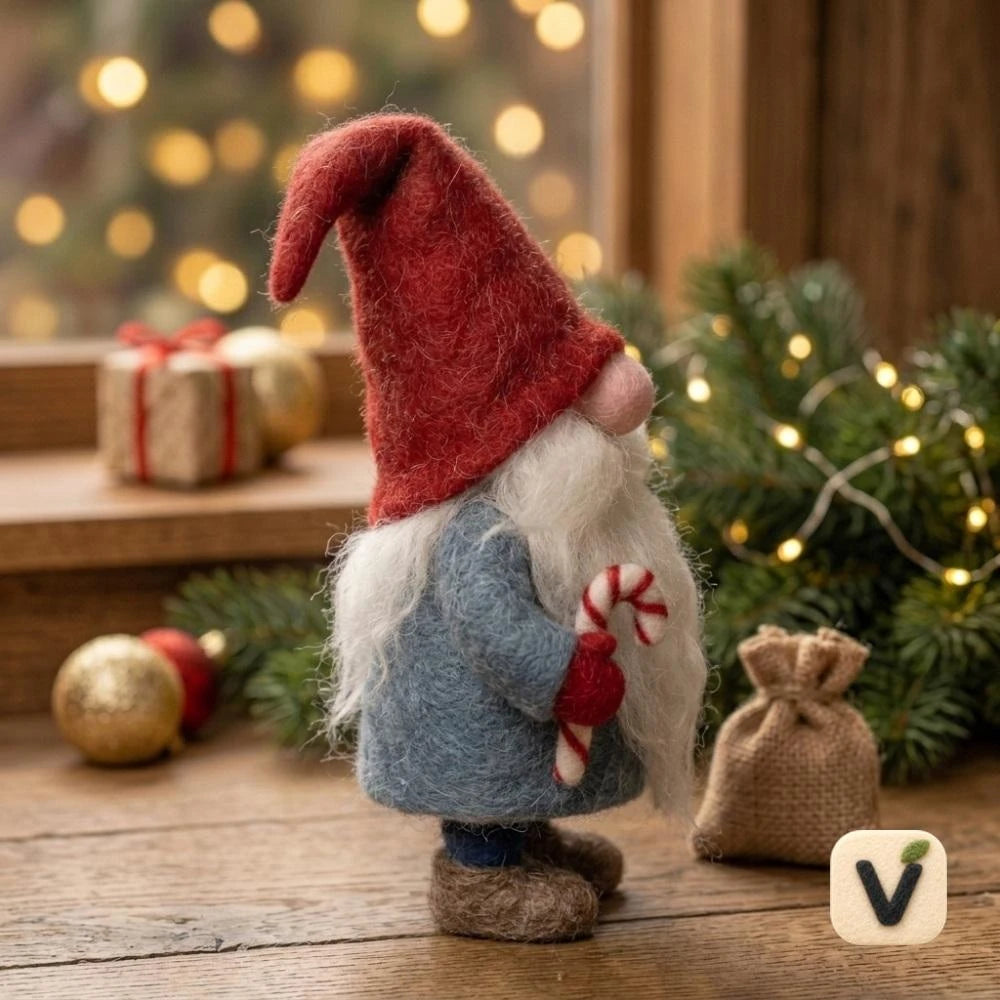 Handmade Wool Felt Christmas Gnome Figurine with Candy Cane – Holiday Desktop Ornament