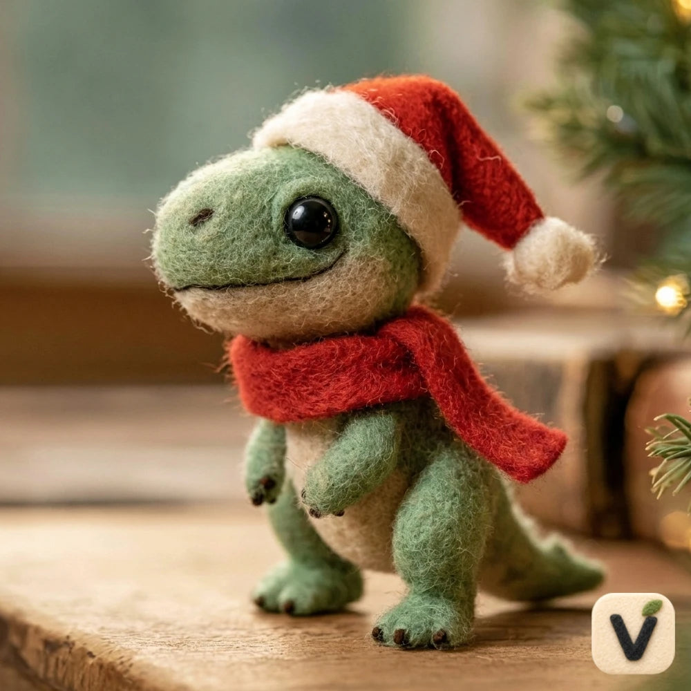 Handmade Wool Felt Christmas Dinosaur Figurine with Santa Hat and Scarf – Holiday Desktop Ornament
