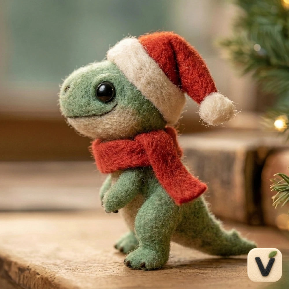 Handmade Wool Felt Christmas Dinosaur Figurine with Santa Hat and Scarf – Holiday Desktop Ornament