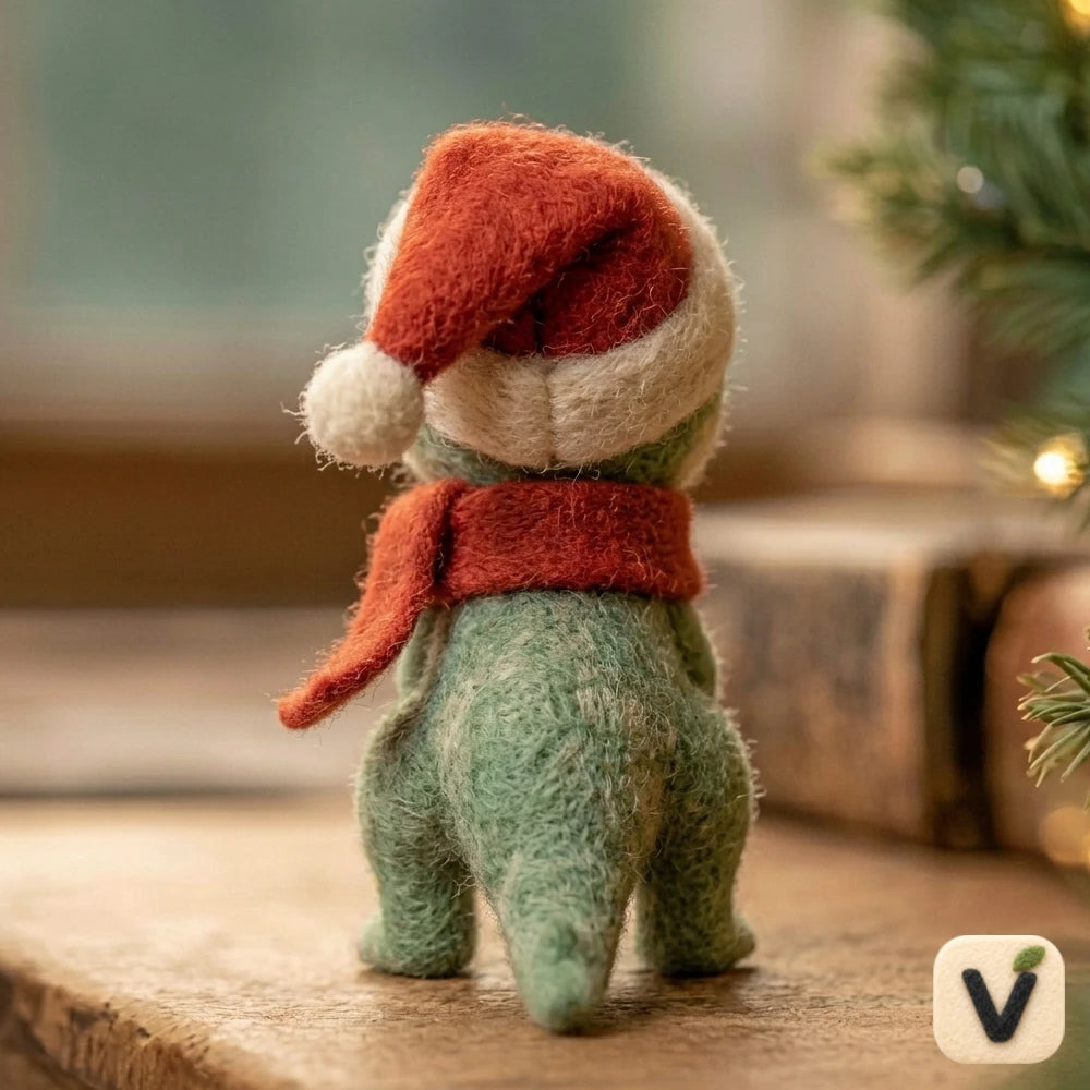 Handmade Wool Felt Christmas Dinosaur Figurine with Santa Hat and Scarf – Holiday Desktop Ornament