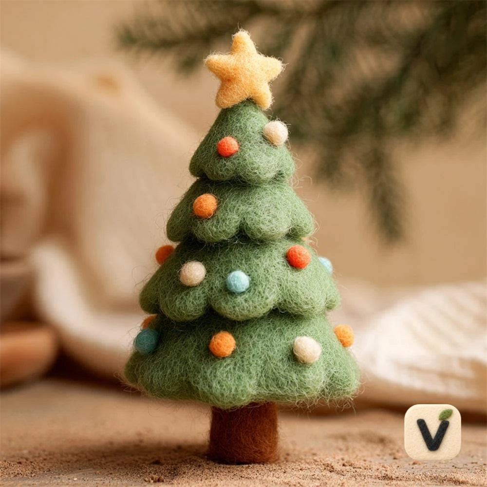 Handmade Wool Felt Mini Christmas Tree Figurine with Star Topper – Holiday Desktop Ornament