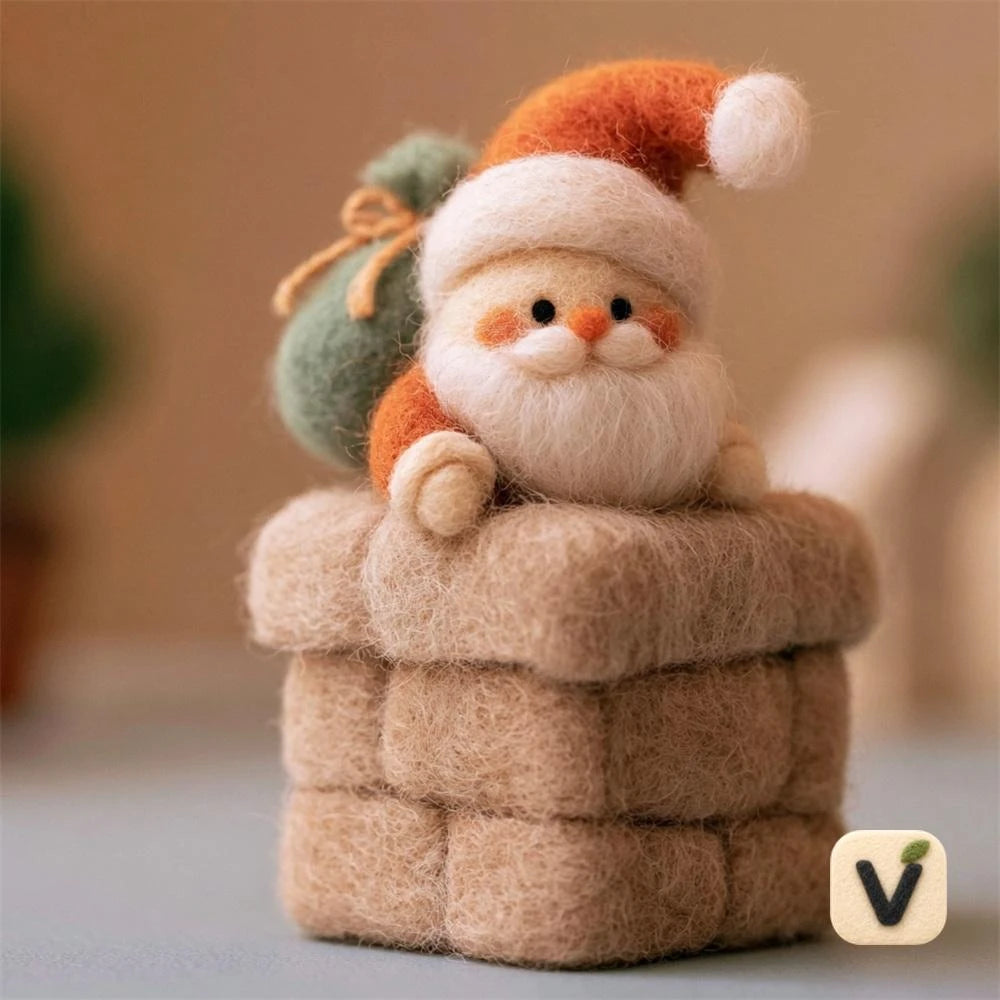 Handmade Wool Felt Santa Claus in Chimney Figurine with Gift Sack – Holiday Desktop Ornament