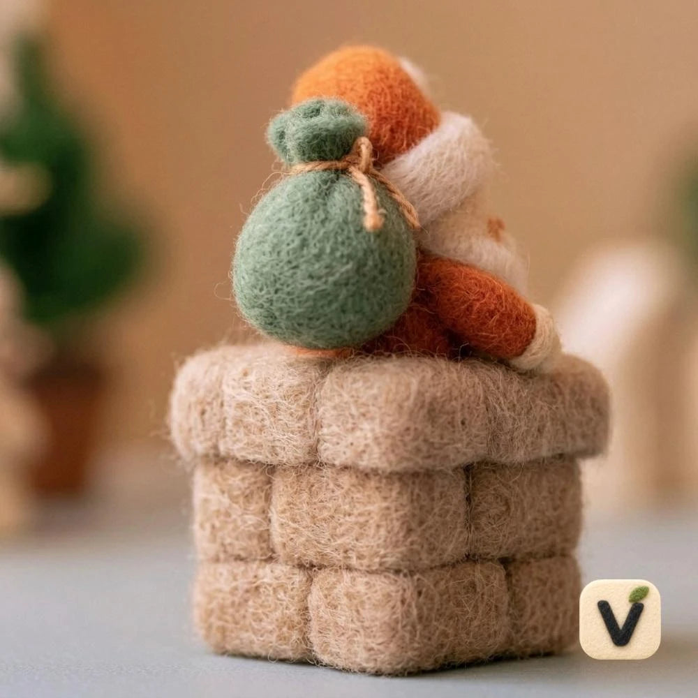 Handmade Wool Felt Santa Claus in Chimney Figurine with Gift Sack – Holiday Desktop Ornament