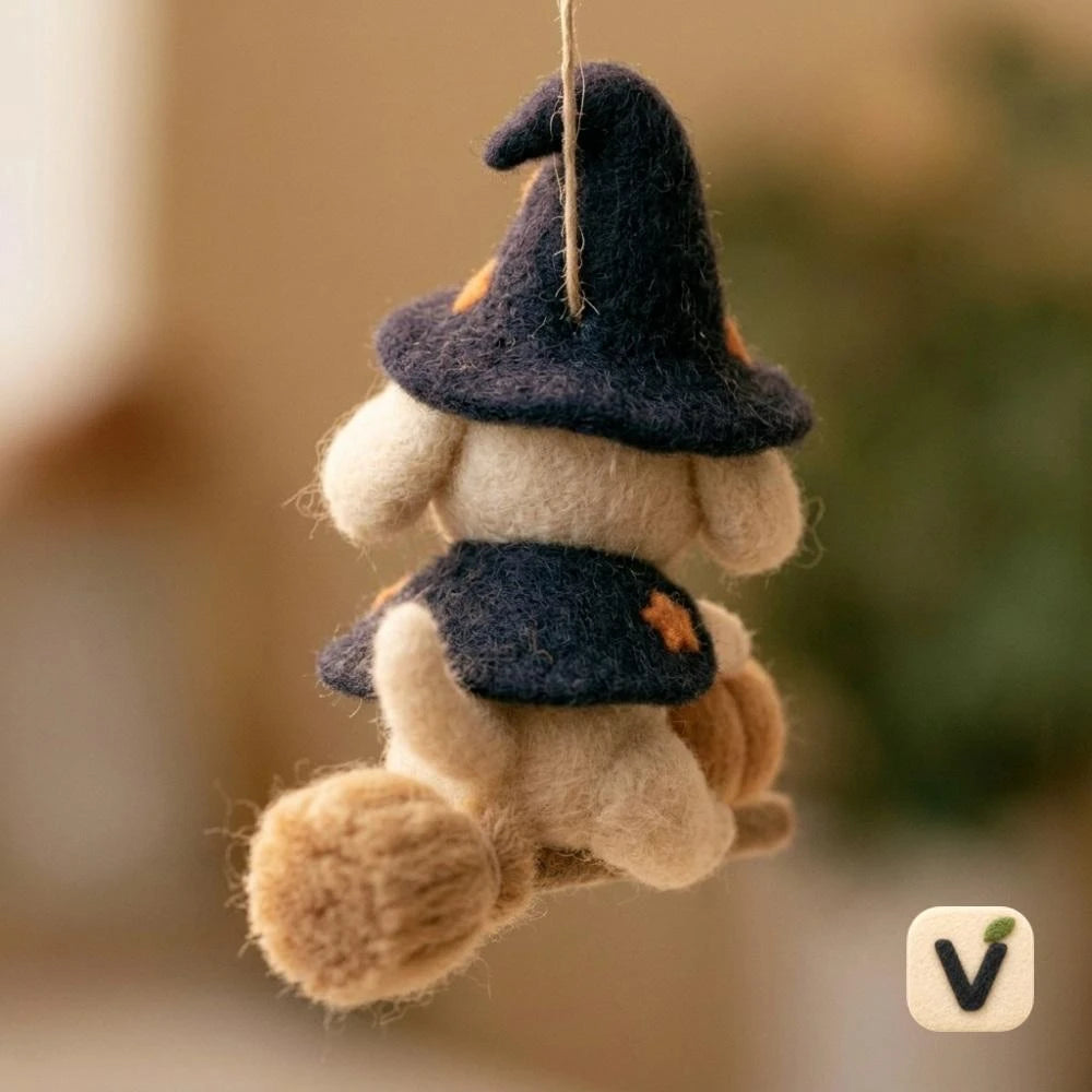 Handmade Wool Felt Wizard Puppy on Broom with Pumpkin Figurine – Halloween Hanging Ornament