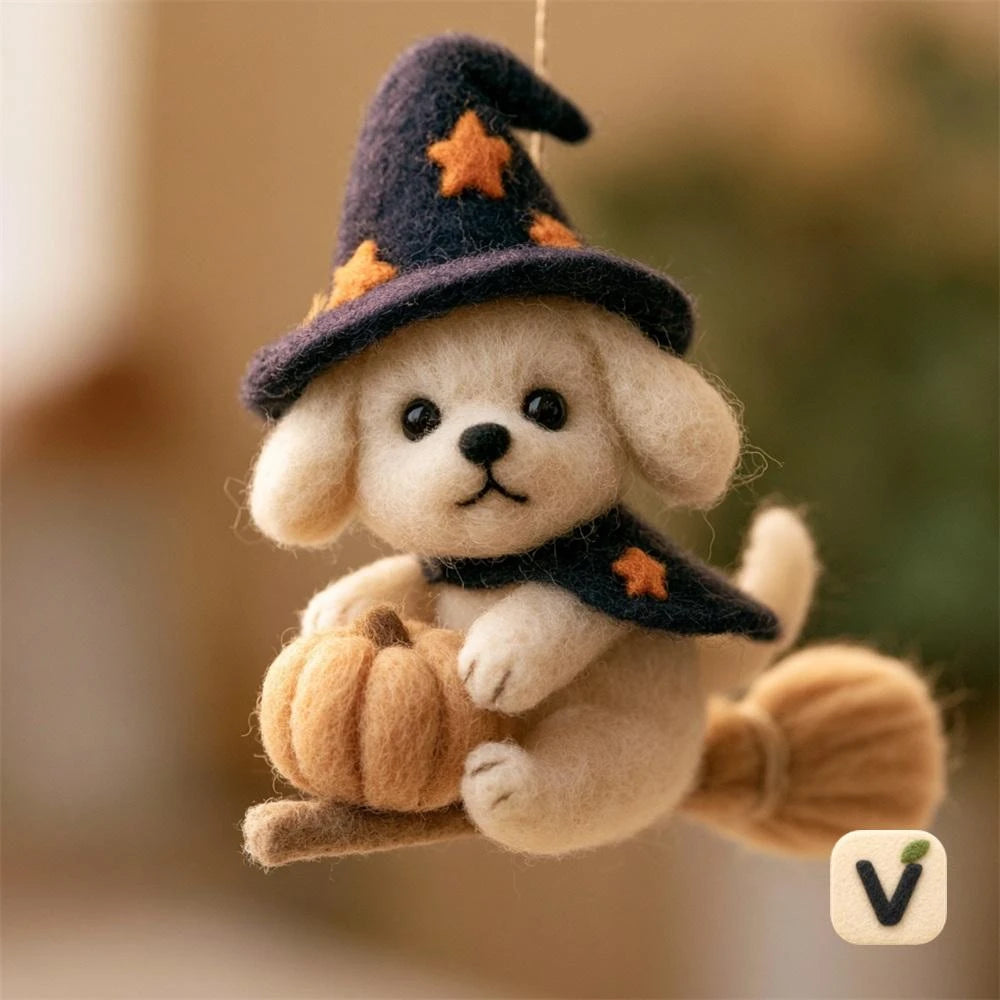 Handmade Wool Felt Wizard Puppy on Broom with Pumpkin Figurine – Halloween Hanging Ornament
