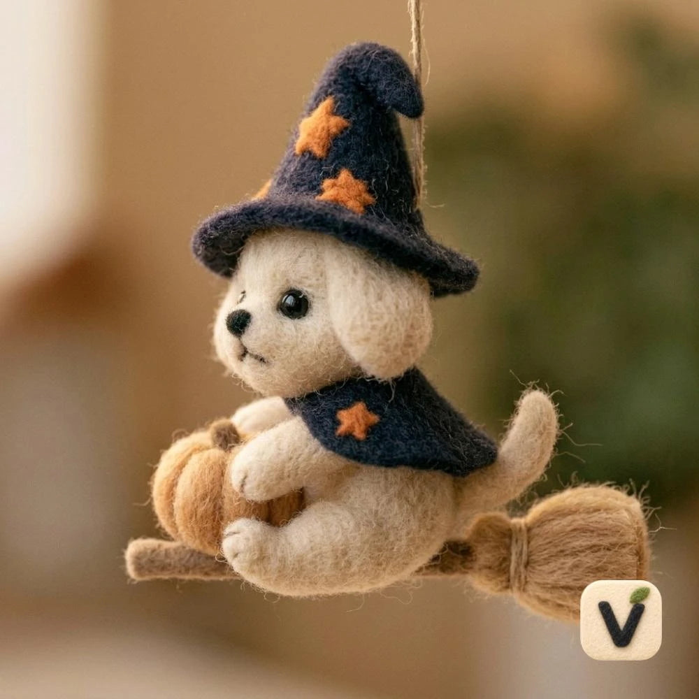 Handmade Wool Felt Wizard Puppy on Broom with Pumpkin Figurine – Halloween Hanging Ornament