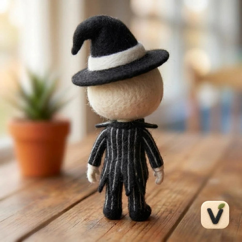 Handmade Wool Felt Skeleton Character Figurine in Striped Suit – Halloween Desktop Ornament
