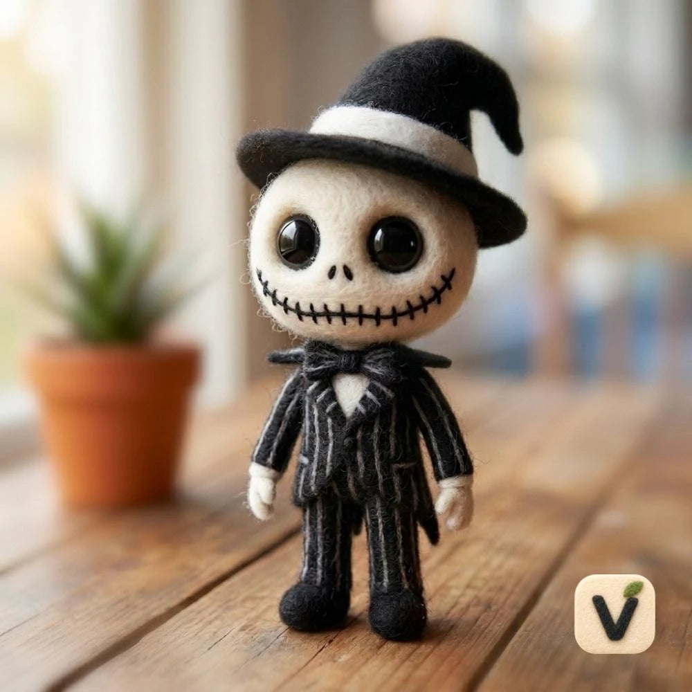 Handmade Wool Felt Skeleton Character Figurine in Striped Suit – Halloween Desktop Ornament