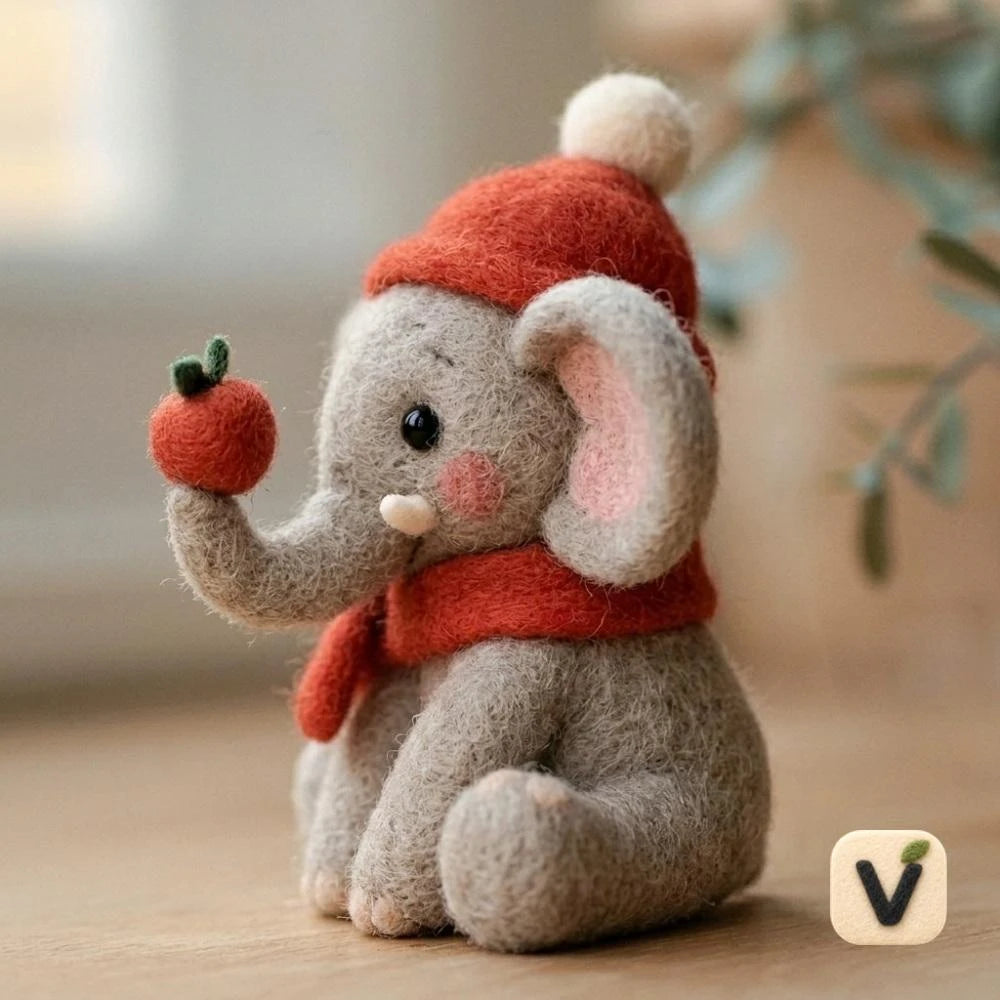 Handmade Wool Felt Christmas Sitting Elephant Figurine with Hat, Scarf and Apple – Holiday Desktop Ornament