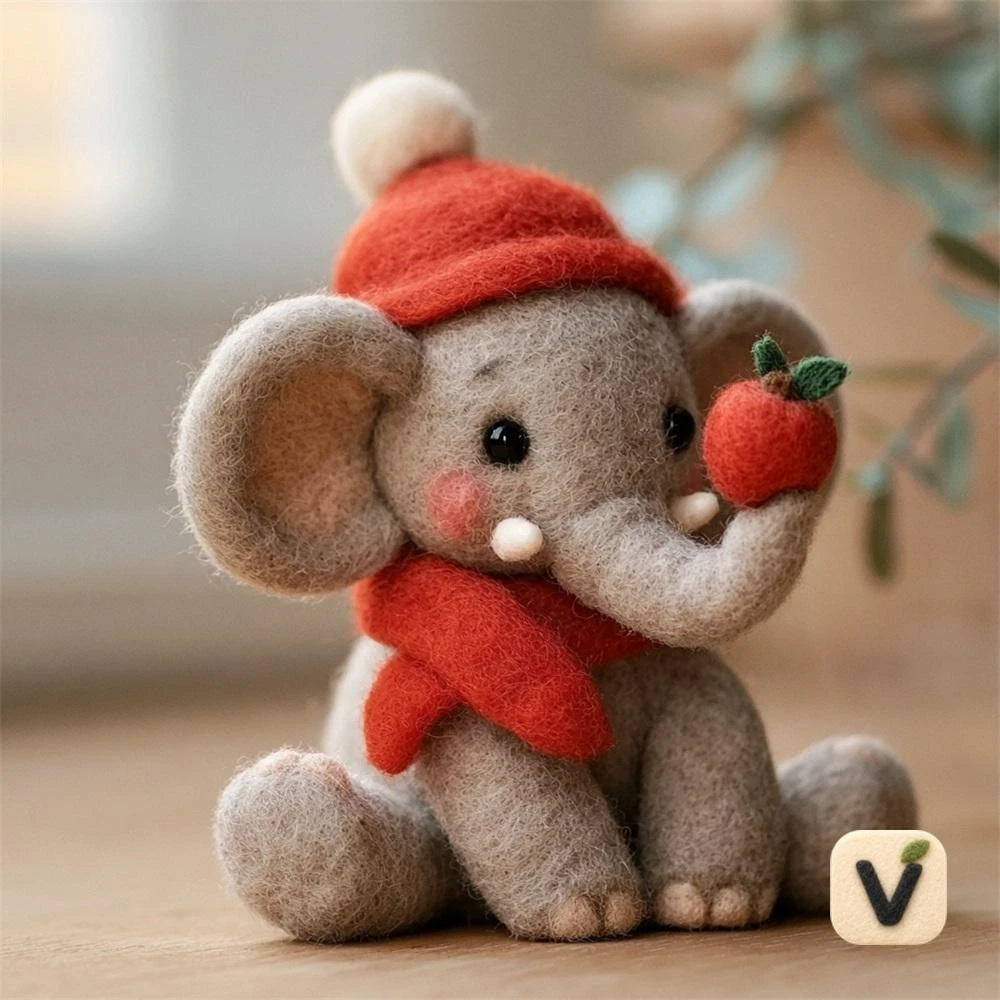 Handmade Wool Felt Christmas Sitting Elephant Figurine with Hat, Scarf and Apple – Holiday Desktop Ornament