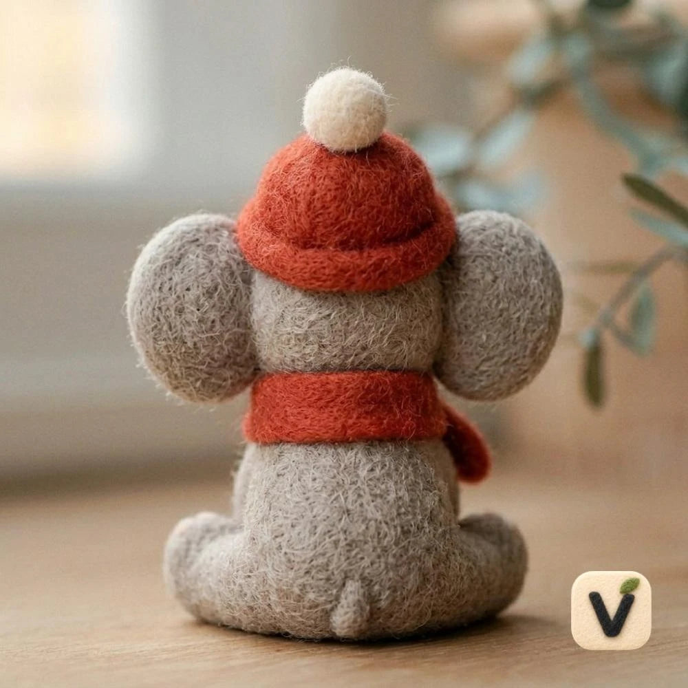 Handmade Wool Felt Christmas Sitting Elephant Figurine with Hat, Scarf and Apple – Holiday Desktop Ornament