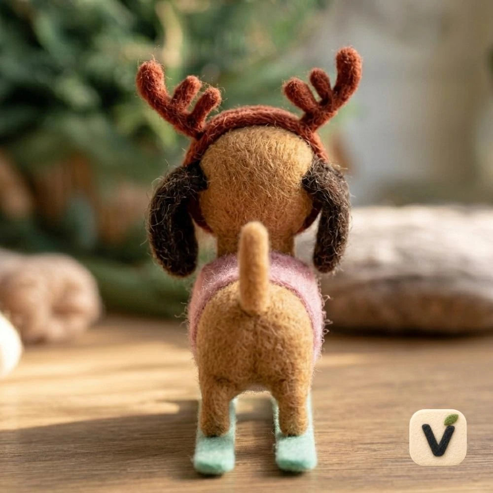 Handmade Wool Felt Christmas Dachshund Figurine with Reindeer Antlers on Skis – Holiday Desktop Ornament