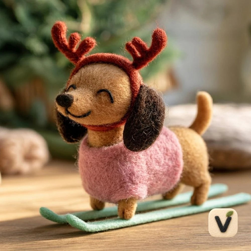 Handmade Wool Felt Christmas Dachshund Figurine with Reindeer Antlers on Skis – Holiday Desktop Ornament
