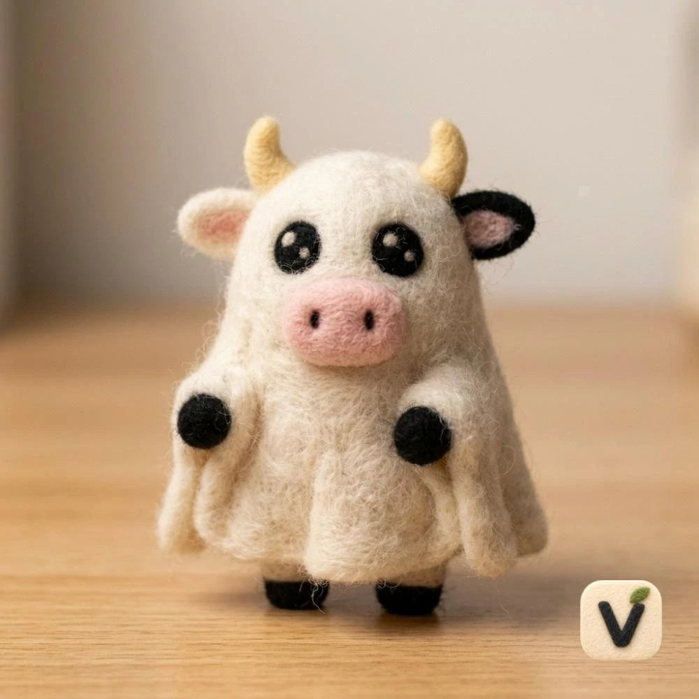 Handmade Wool Felt Halloween Ghost Cow Figurine – Holiday Desktop Ornament