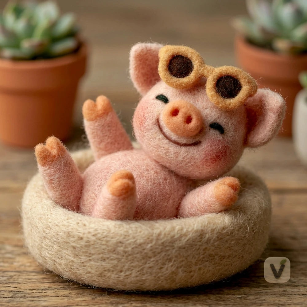 Handmade Wool Felt Lazy Piggy with Sunglasses Lying in Soft Nest – Leisure Style Desktop Ornament