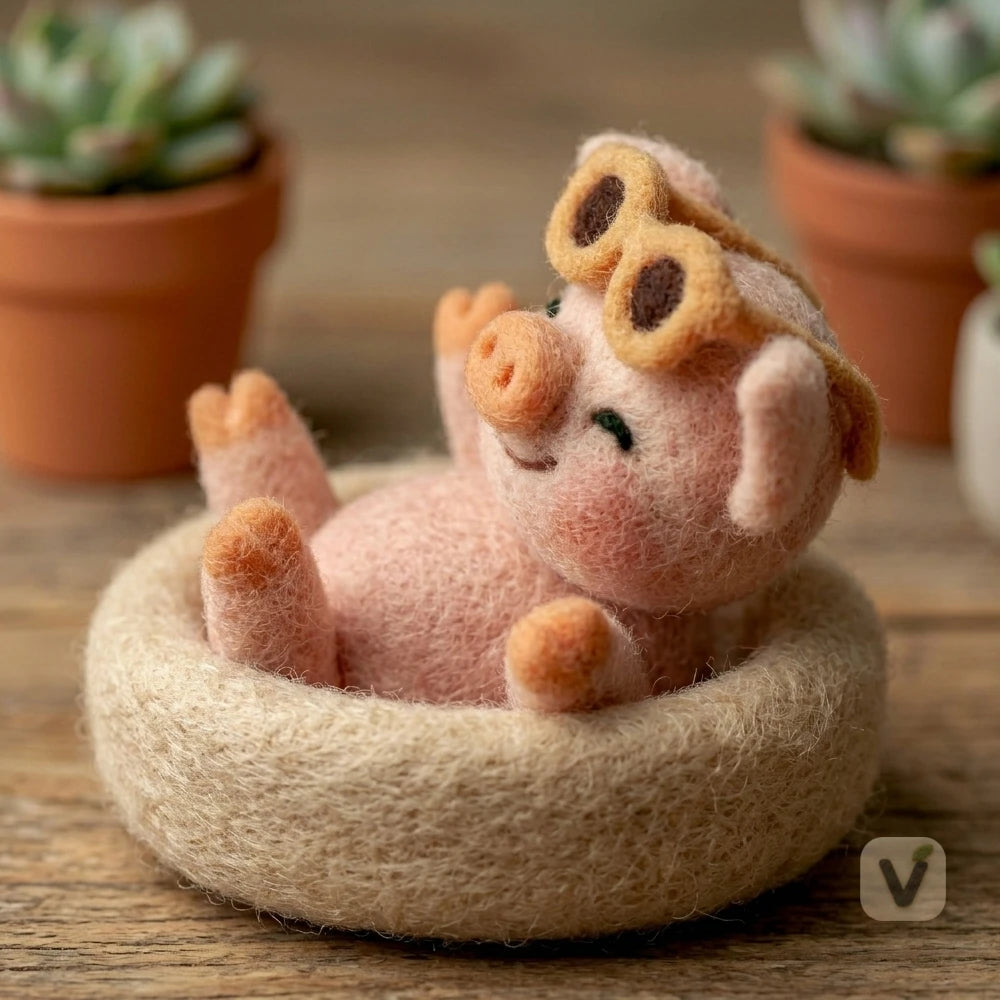 Handmade Wool Felt Lazy Piggy with Sunglasses Lying in Soft Nest – Leisure Style Desktop Ornament