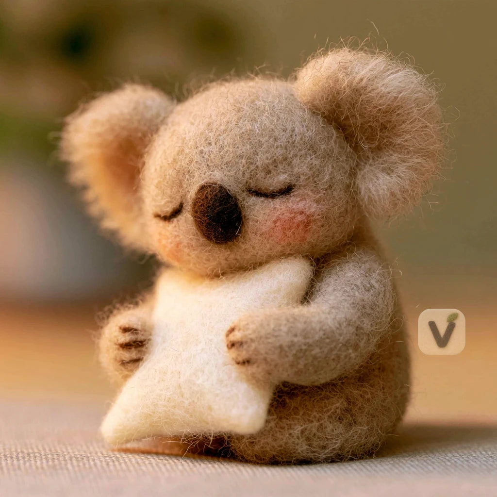 Handmade Wool Felt Sleeping Koala Ornament Holding Star Pillow – Cute Animal Desktop Ornament