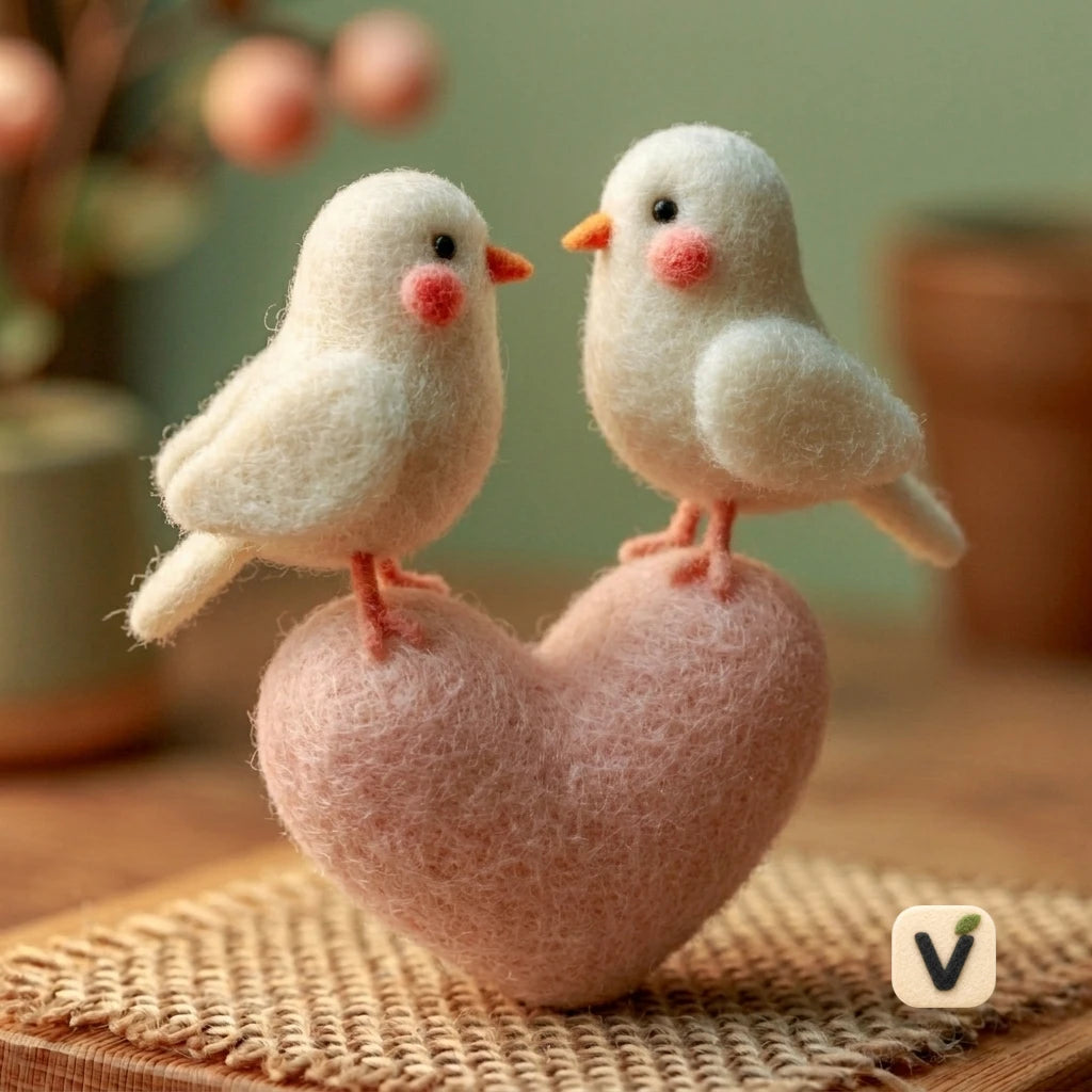 Handmade Wool Felt Pair of Blush Love Birds on Pink Heart Base – Romantic Couple Desktop Ornament