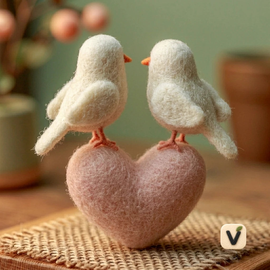 Handmade Wool Felt Pair of Blush Love Birds on Pink Heart Base – Romantic Couple Desktop Ornament