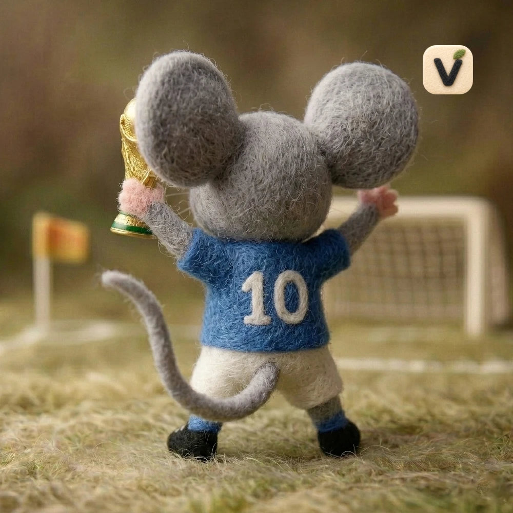 Handmade Wool Felt No.10 Blue Jersey World Cup Champion Mouse Figurine – Football Sports Decor