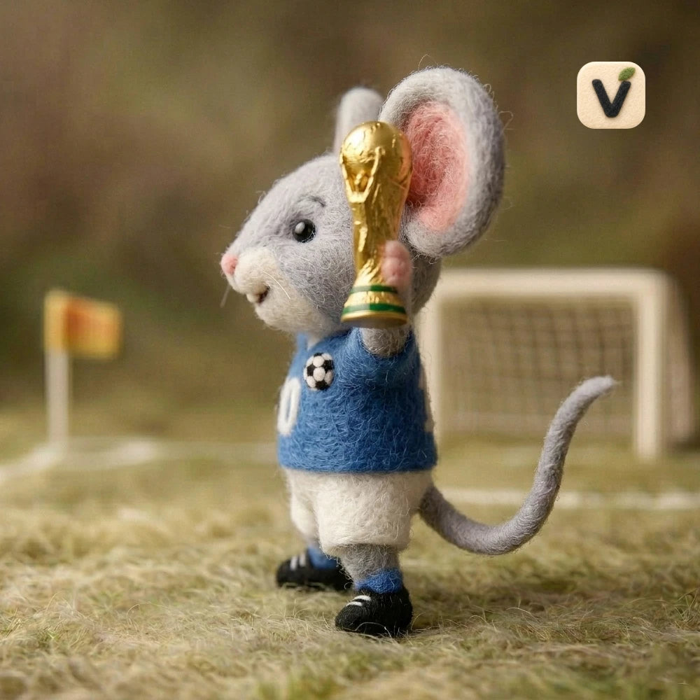 Handmade Wool Felt No.10 Blue Jersey World Cup Champion Mouse Figurine – Football Sports Decor