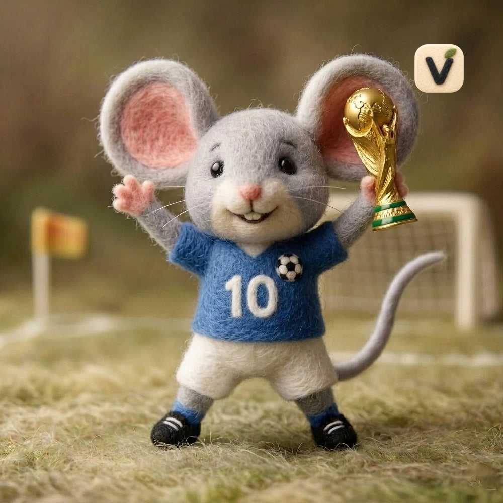 Handmade Wool Felt No.10 Blue Jersey World Cup Champion Mouse Figurine – Football Sports Decor